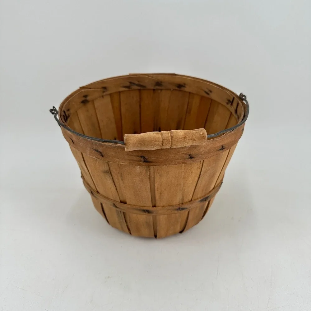Vintage Wooden Slat Bushel Basket with Wire Handle Rustic Farmhouse Decor
